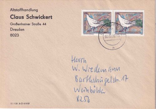 DDR/VGO - 2x25 Pfg. Bedrohte Tierart Brief Dresden - Weinböhla 2.7.90