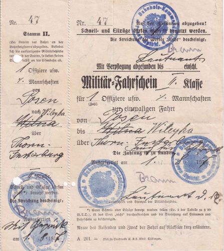 DR - Posen 1917 Militärfahrschein Posen/Insterburg "zur Truppe"