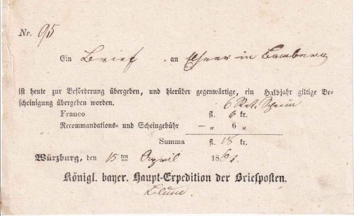 Bayern - Würzburg 1863 Aufgabeschein Reko-Brief m. Retourrezepisse n. Bamberg