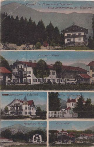 Bayern - Oberach b. Rottach farb. Mehrbild-AK (Gasthaius, Handlung etc. ca. 1910