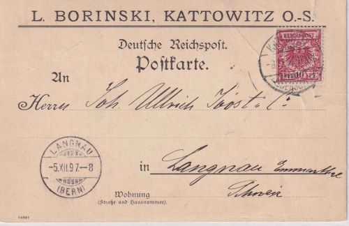 DR - 10 Pfg. K/A Firmenkarte i.d. SCHWEIZ Kattowitz - Langnau 3.12.97
