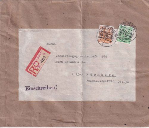 Bizone - 84+24 Pfg. Arbeiter/Band Einschreibebrief Korbach - Nürnberg 30.8.48