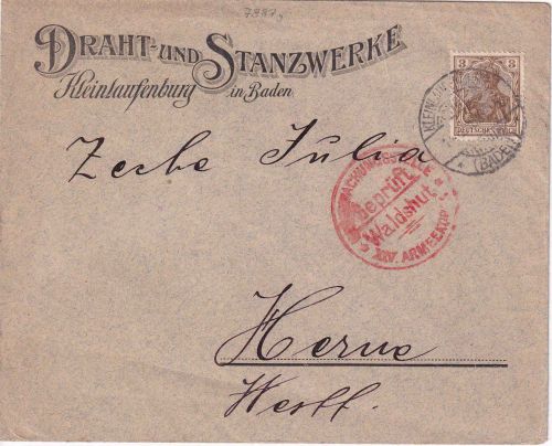 DR - 3 Pfg. Germania Drucksachenbrief Kleinlaufenburg - Herne 14.8.18 Zensur