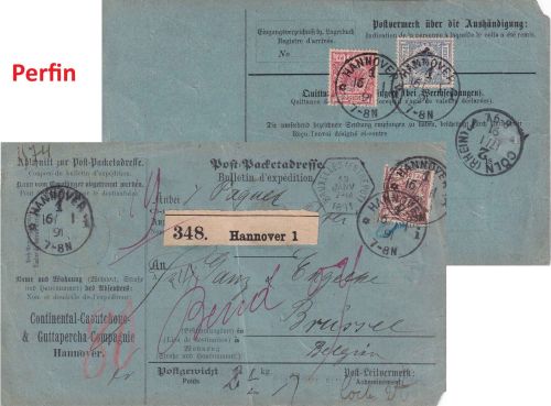 DR - 50+20+10 Pfg. K/A Perfin "CC&GCo" Paketkarte n. BELGIEN Hannover 1891