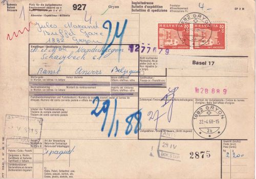 Schweiz - 2x2 Fr. Baudenkmäler Paketkarte n. BELGIEN Gryon - Antwerpen 1968