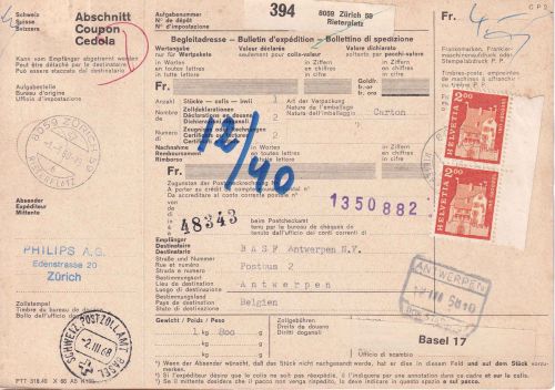 Schweiz - 2x2 Fr. Baudenkmäler Paketkarte n. BELGIEN Zürich - Antwerpen 1968