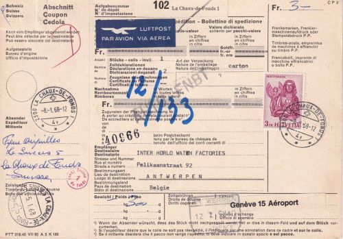 Schweiz - 3 Fr. Evangelist Matthäus Luftpost-Paketkarte n. BELGIEN 1968