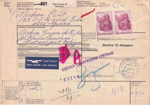 Schweiz - 2x3 Fr. Evangelist Matthäus Luftpost-Paketkarte n. BELGIEN 1968