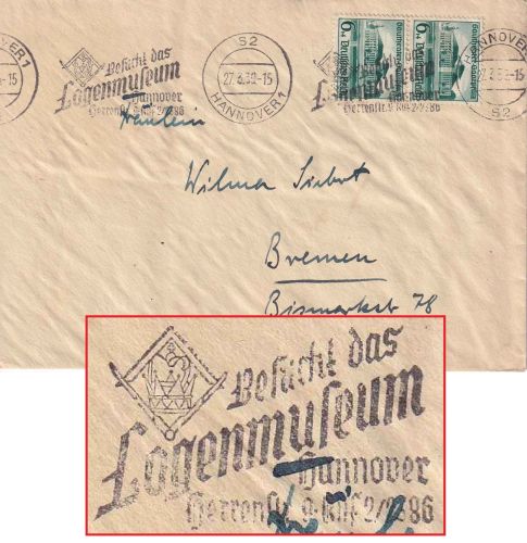 DR - 2x6 Pfg. Gautheater Brief Masch.stpl. Hannover Logenmuseum 1939