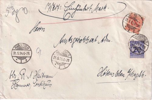 DR - 50+20 Pfg. Korbdeckel Wertbrief (100 RM) Hannover - Hötensleben 1924