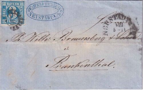 Bayern - 3 Kr. Quadrat blau Brief gMR 236 HKS Neustadt a.H. 6/11 (1856)