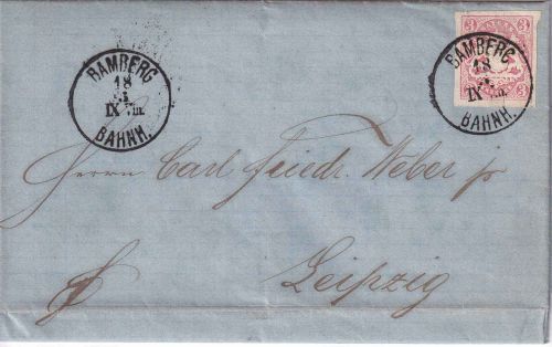 Bayern - 3 Kr. Wappen geschn. K1 Bamberg Bahnh. 18/5 (1869) n. Leipzig