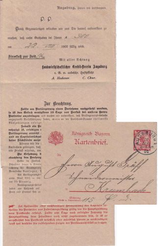 Bayern - 10 Pfg. Rauten GA-Kartenbrief/privater Zudruck Augsburg - Krumbach 1902