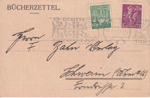 DR-Infla - 20+40 M. Freimarken Bücherzettel/Karte München - Schwerin 9.7.23