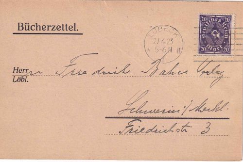 DR-Infla - 20 M. Posthorn Bücherzettel/Karte Lübeck - Schwerin 27.4.23