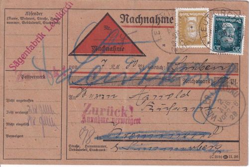 DR - 20+3 Pfg. Berühmte Deutsche Nachnahmedrucksache Leutkirch - Weiler 1928
