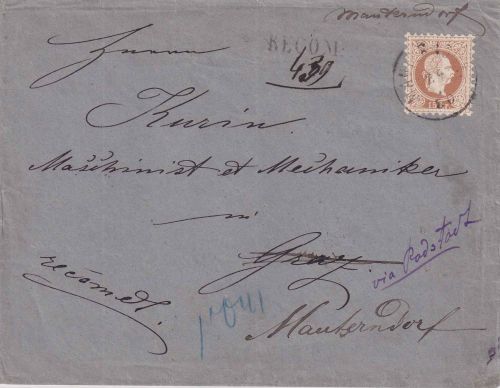Österreich - 15 Kr. Ausg. 1867 Einschreibebrief Mauterndorf - Graz 1880 + retour