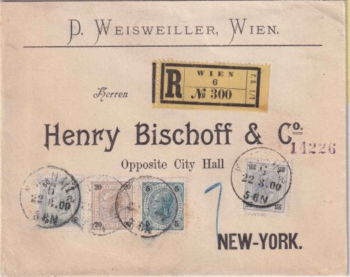 Österreich - 50 H. Ausgabe 1899 u.a. Einschreibebrief n-. USA Wien 1900