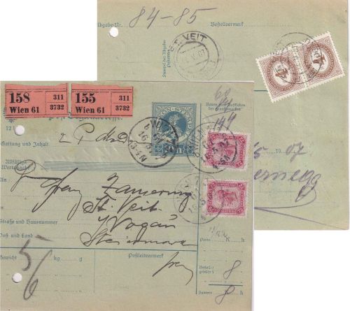 Österreich - 2x72 Kr. Ausgabe 1904 u.a. Paketkarte (2 Pakete) Wien 1907