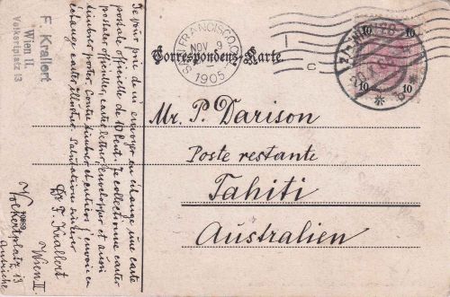 Österreich - 10 H. FJ Karte n. TAHITI Wien - San Francisco - Tahiti 1905 RR!