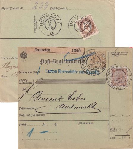 Österreich - 60 H. FJ Paketkarte Neutitschein - Unzmarkt 1905