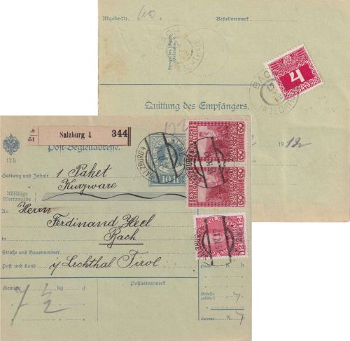 Österreich - 2x60 H. Jubiläum u.a. Paketkarte Salzburg - Bach i/Lechtal 1912