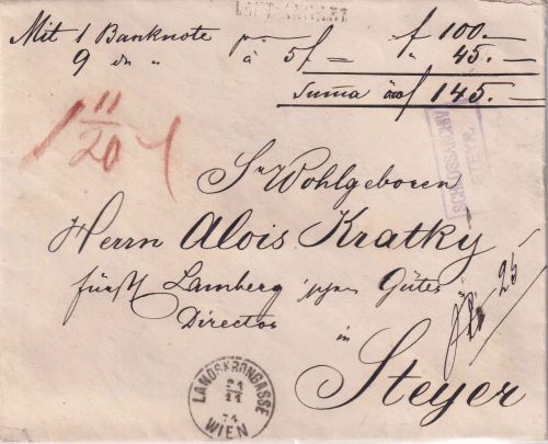 Österreich - Wien Landkrongasse 1874 portofreier Wertbrief n. Steyer