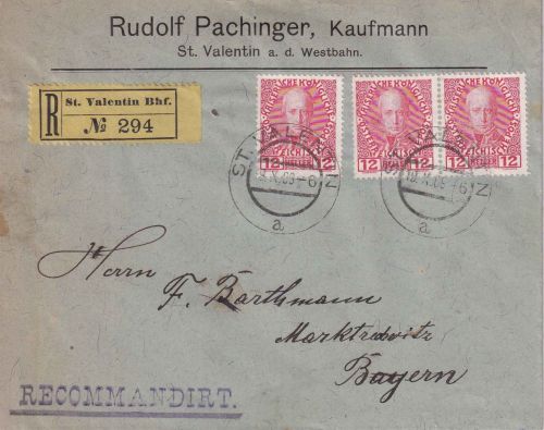 Österreich - 3x12 H. Jubiläum Einschreibebrief St. Valentin Bhf. 9.10.09