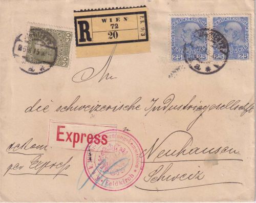 Österreich - 2x25+30 H. Jubiläum Einschreibe-Eilbrief i.d. SCHWEIZ Wien 1915
