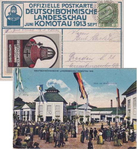 Österreich - Komotau 1913 Deutsch-Böhm. Landesschau SST+Sonderkarte+Vignette