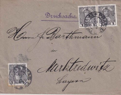 Österreich - 3x1 H. Jubiläum Drucksachenbrief Prag - Marktredwitz 17.10.1908