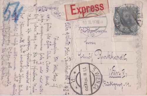Österreich - 35 H. Jubiläum Express-Ortskarte (Rohrpost) Wien 1916