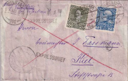 Österreich - 30+25 H. Jubiläum Expressbrief (Rohrpost) Wien - Kiel 1909