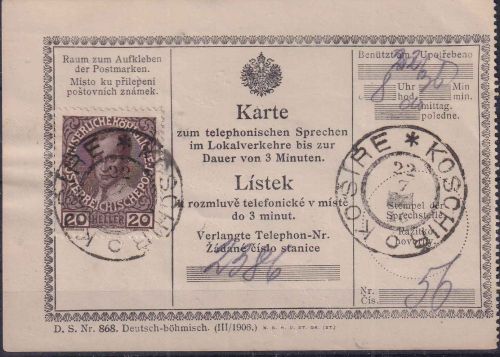 Österreich - 20 H. Jubiläum Telefonkarte Koschir/Kosire 1916