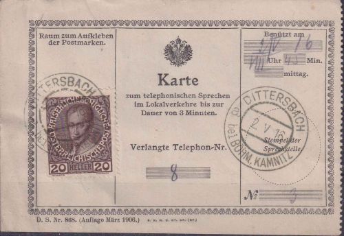 Österreich - 20 H. Jubiläum Telefonkarte Dittersbach b. Böhm. Kamnitz 1916