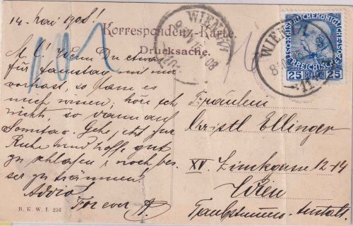 Österreich - 25 H. Jubiläum Rohrpost-Ortskarte Wien 1908