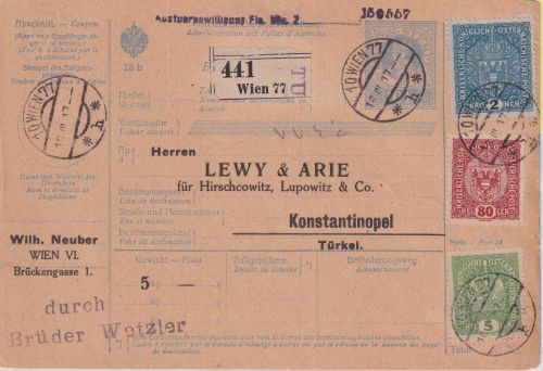 Österreich - 2 K. Wappen u.a. Paketkarte i.d. TÜRKEI Wien - Konstantinopel 1917