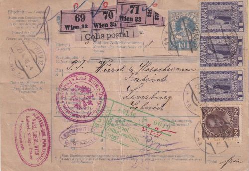 Österreich - 3x1 K. Jubiläum u.a. Paketkarte (3 Pakete) i.d. SCHWEIZ Wien 1916