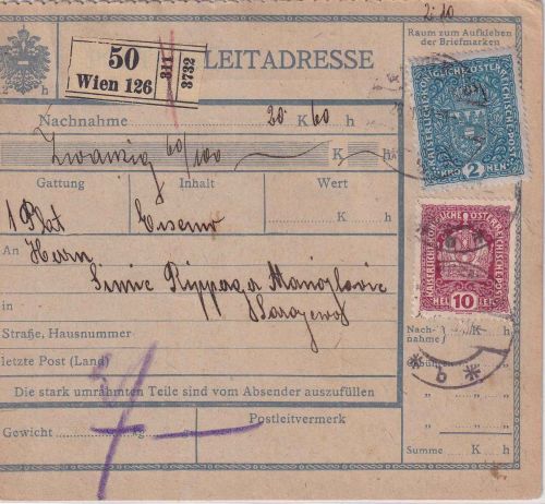 Österreich - 2 K. Wappen u.a. Nachnahme-Paketkarte n. SERBIEN Wien 1918