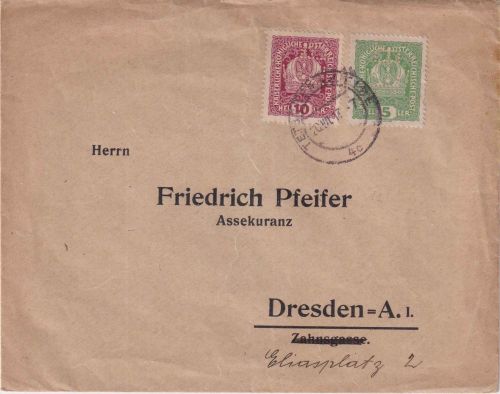 Österreich - 5+10 H. Krone Perfin "FB" Brief Tetschen - Dresden 1917