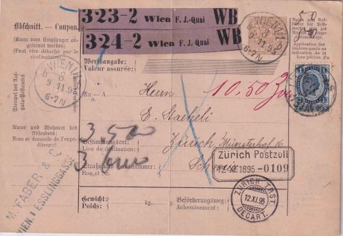 Österreich - 1 G. Ausgabe 1890 Paketkarte (2 Pakete) i.d. SCHWEIZ Wien 1895