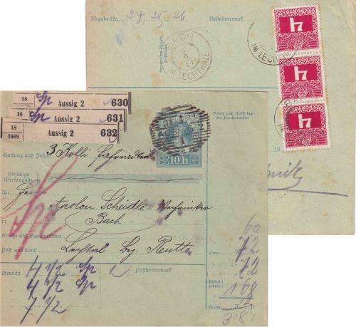 Österreich - Aussig 1911 barfrankierte Paketkarte (3 Pakete) n. Bach i. Lechtal