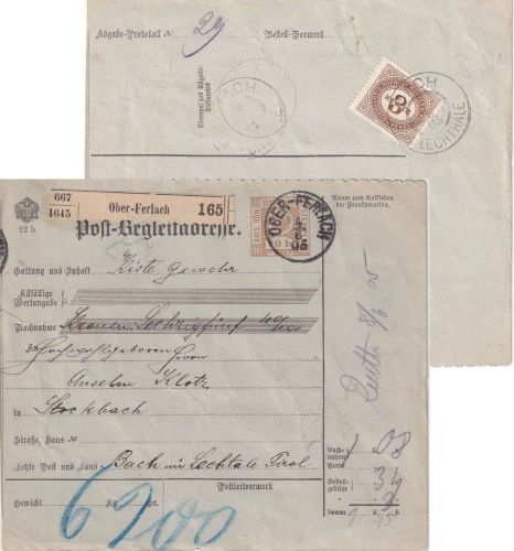 Österreich - Ober-Ferlach 1905 barfrankierte Paketkarte n. Bach i. Lechtal