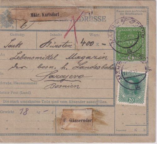 Österreich - 3 K. Wappen u.a. Nachnahme-Paketkarte n. SERBIEN Mähr. Karlsdorf