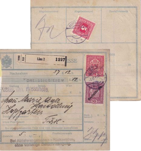 Österreich - 1 K. Krone u.a. Nachnahme-Paketkarte Linz - Hopfgarten 1919