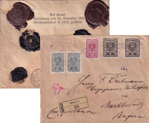 Österreich - 2x1 K. Adler u.a. Einschreibebrief Steyr Marktredwitz 1920 Zensur !