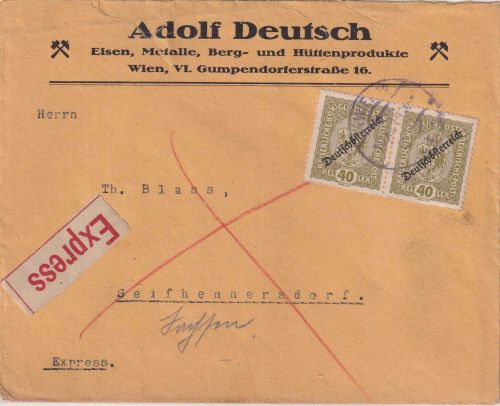 Österreich - 2x40 H. "Deutschösterreich" Eilbrief Wien - Seifhennersdorf 1919