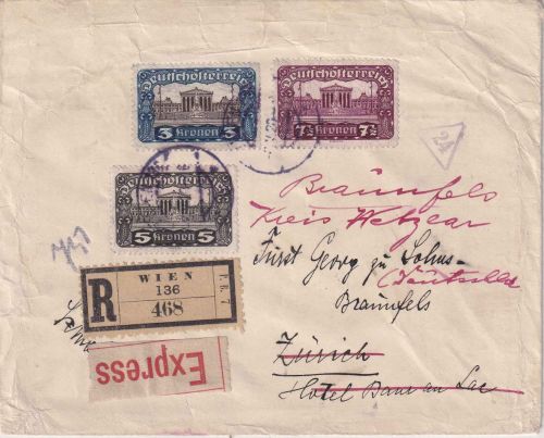 Österreich - 7 1/2 K. Parlament u.a. Eil-Einschreibebrief i.d. SCHWEIZ 1920
