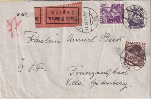 Österreich - 1 S. Trachten u.a. Eilbrief (Rohrpost) i.d. CSR/Sondertarif ! 1935