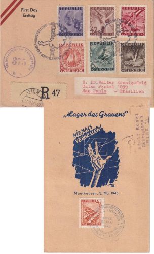 Österreich - Antifa-Ausstellung Teilsatz Einschreibekarte/FDC n. BRASILIEN 1946
